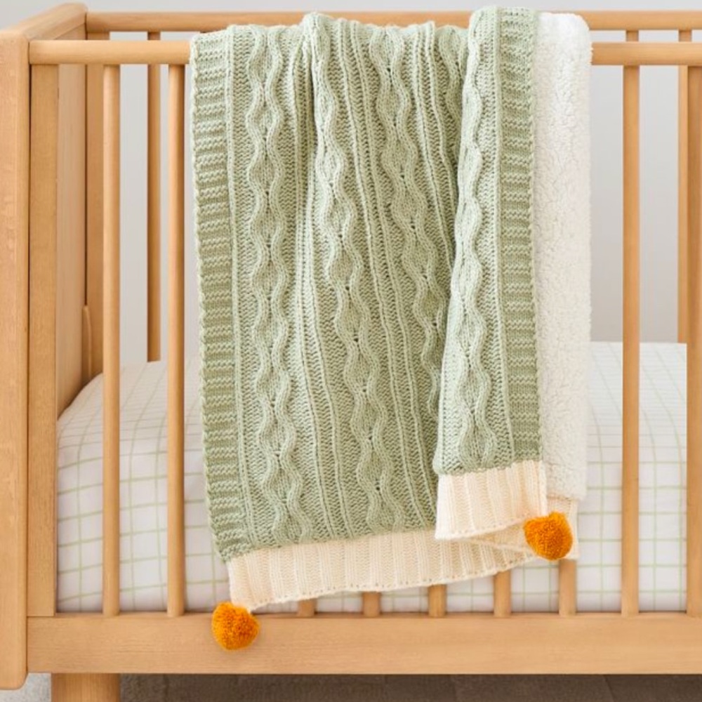 NEW Cable Knit Baby Blanket with Pom Poms